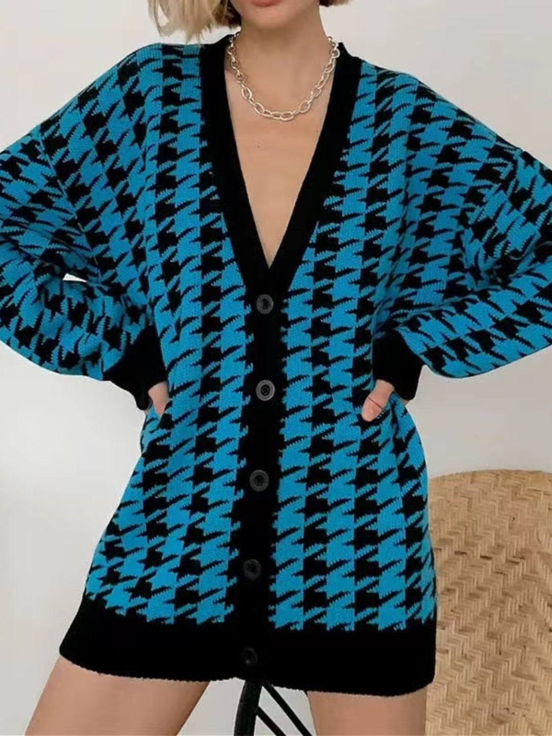 Houndstooth Button Front Long Sleeve Cardigan