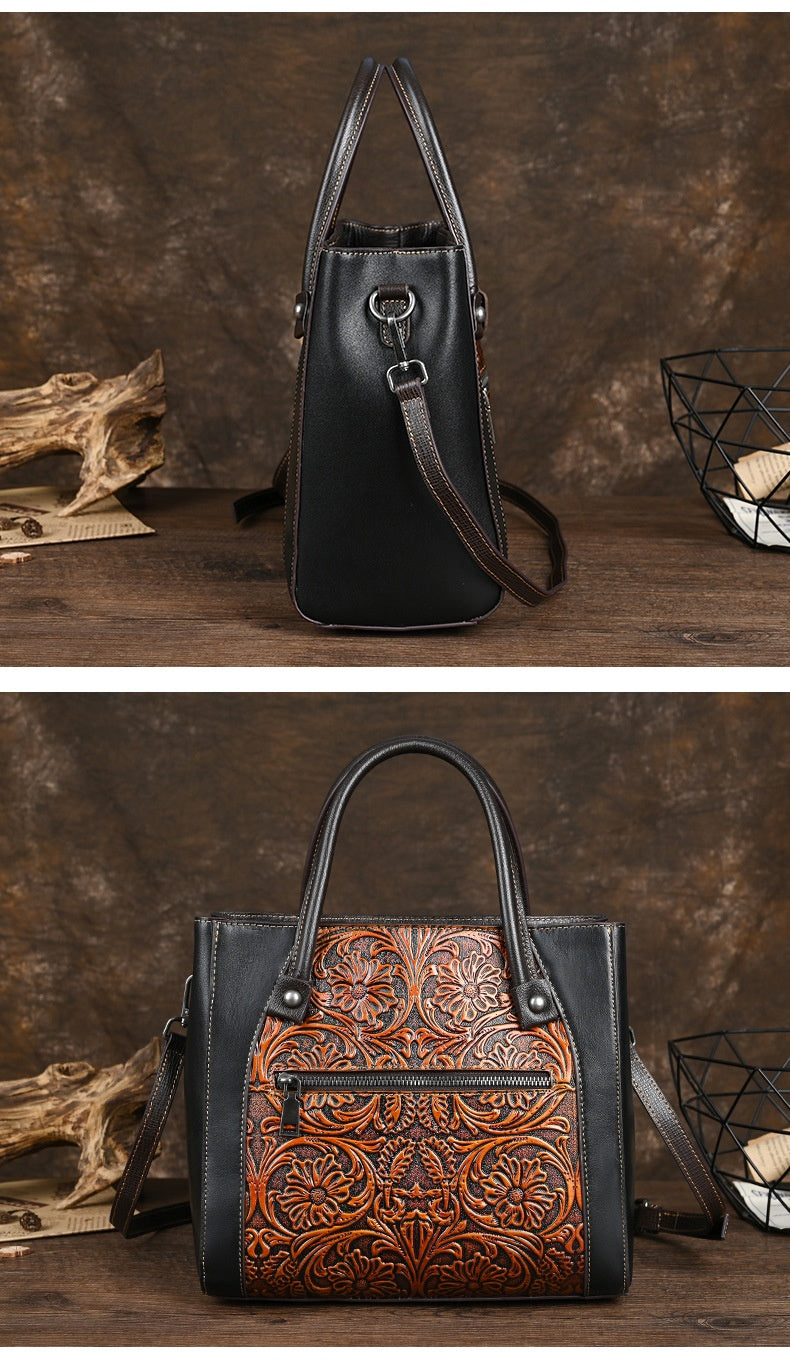Single-shoulder Slanted-top Full-grain Leather Tote Bag With Leather Carving