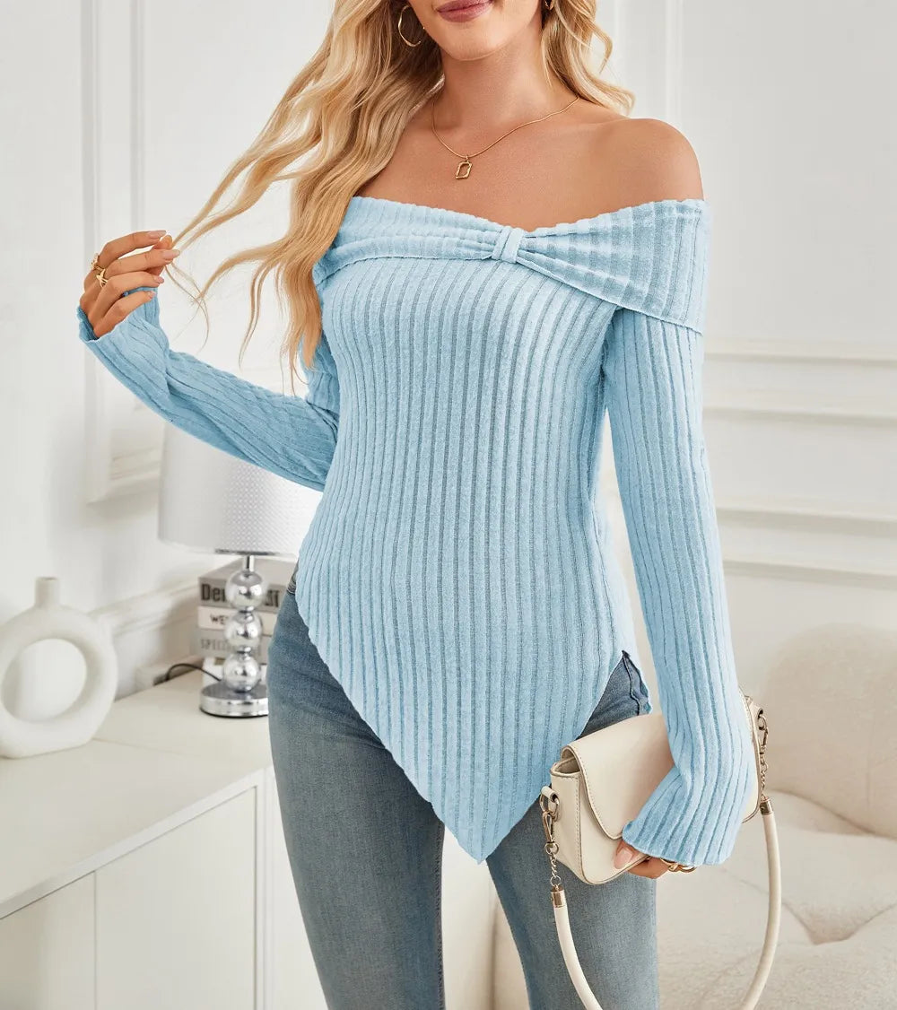 Women's Trendy Knit Ribbed Tops Bow Tie One Shoulder Long Sleeve Sweater Slim Cute Split Shirts Dressy Tops