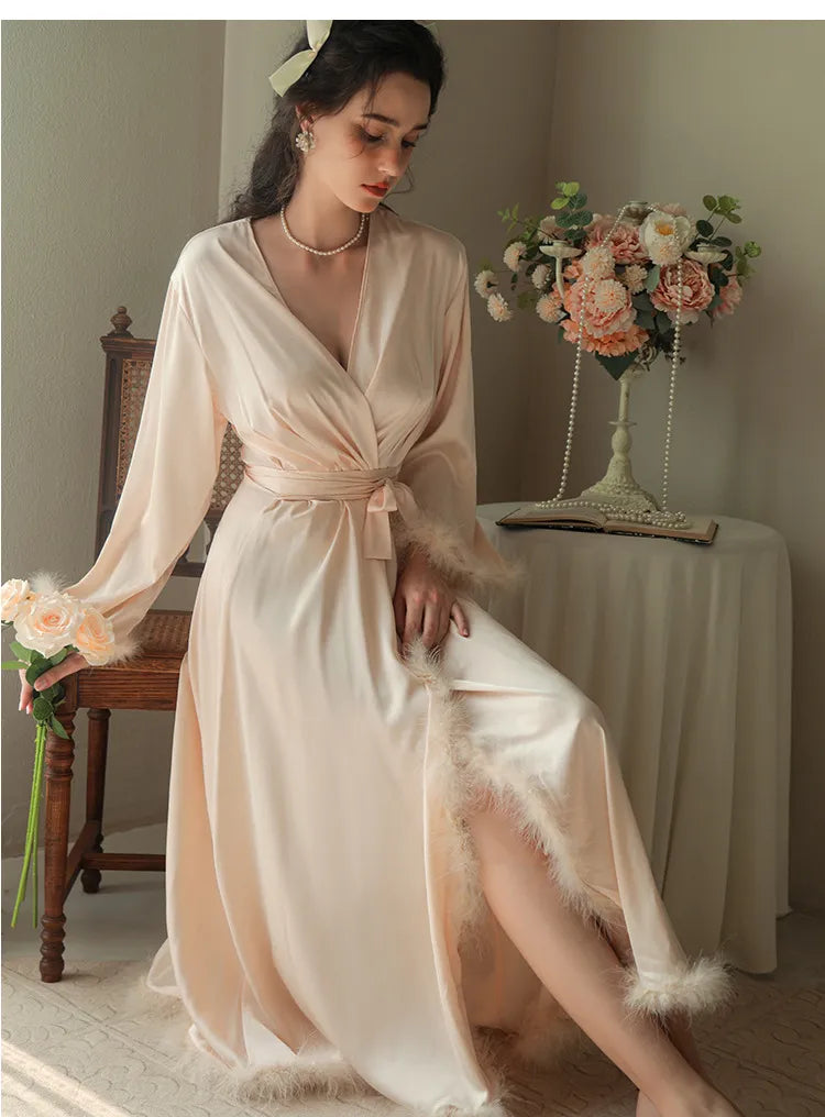 Women's Feather Satin Long Robe