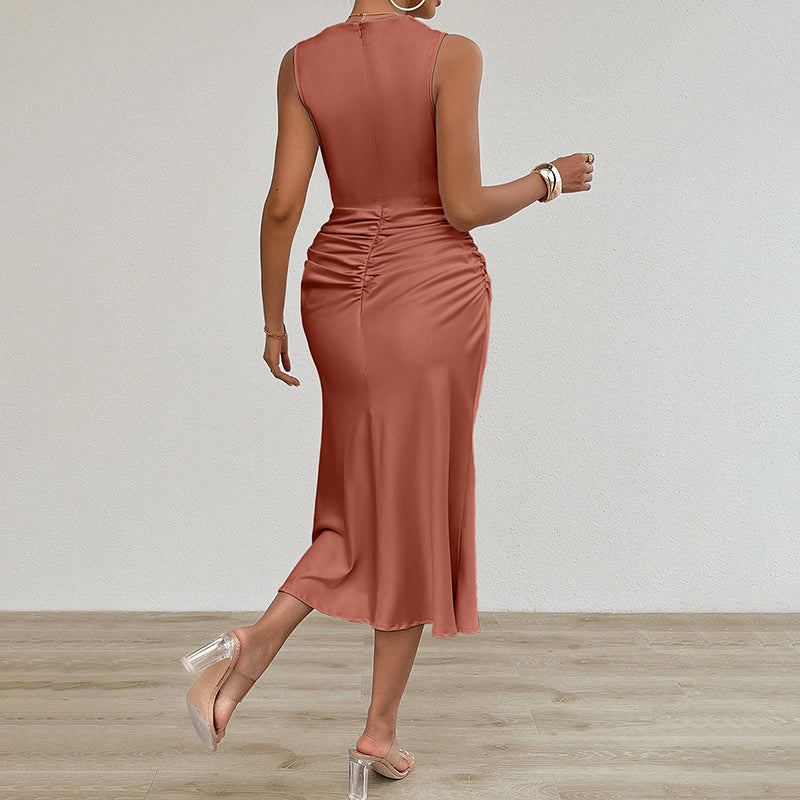 Women's Summer Sleeveless Tank Dress Crew Neck Slim Fit Ruched Bodycon Dress Casual Party Club Dress-FREE USA SHIPPING