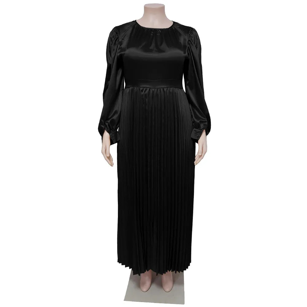 Pleated Round-neck Long Dress Women