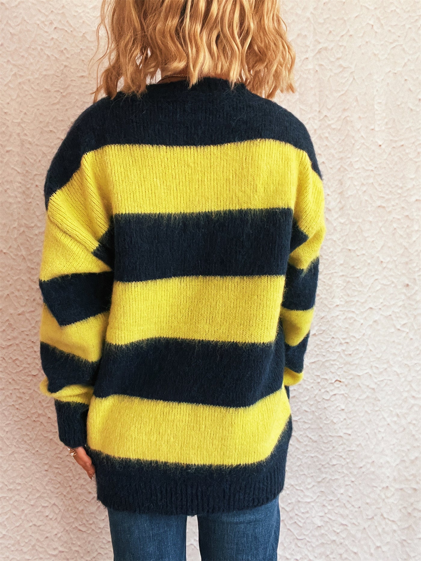Striped Color Block Knitted Round Neck Chic Casual Loose Sweater