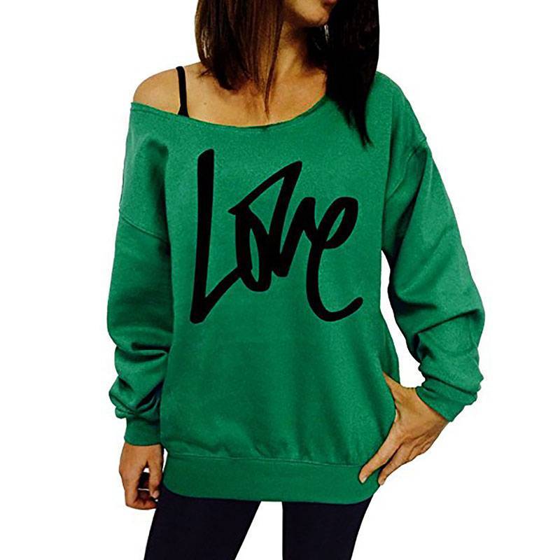 Autumn Women's Letter Love Print Sexy Leaky Off Shoulder Long Sleeve  Purple Green Yellow Tees Sweat Shirt Tops