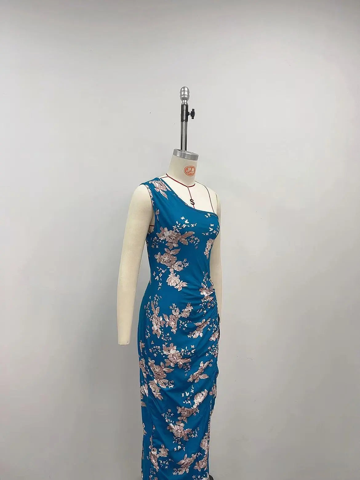 Oblique Shoulder Printed Sheath Dress High Slit