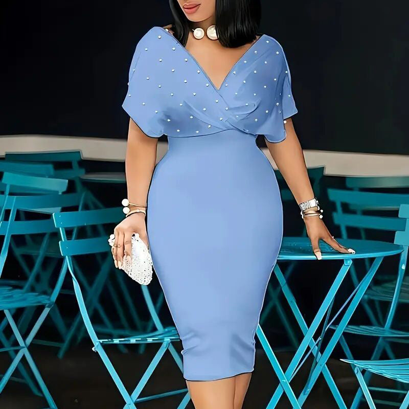 Women's Elegant Deep V Neck Wrap Bodycon Dress Back Zipper Pencil Midi Dress-FREE USA SHIPPING