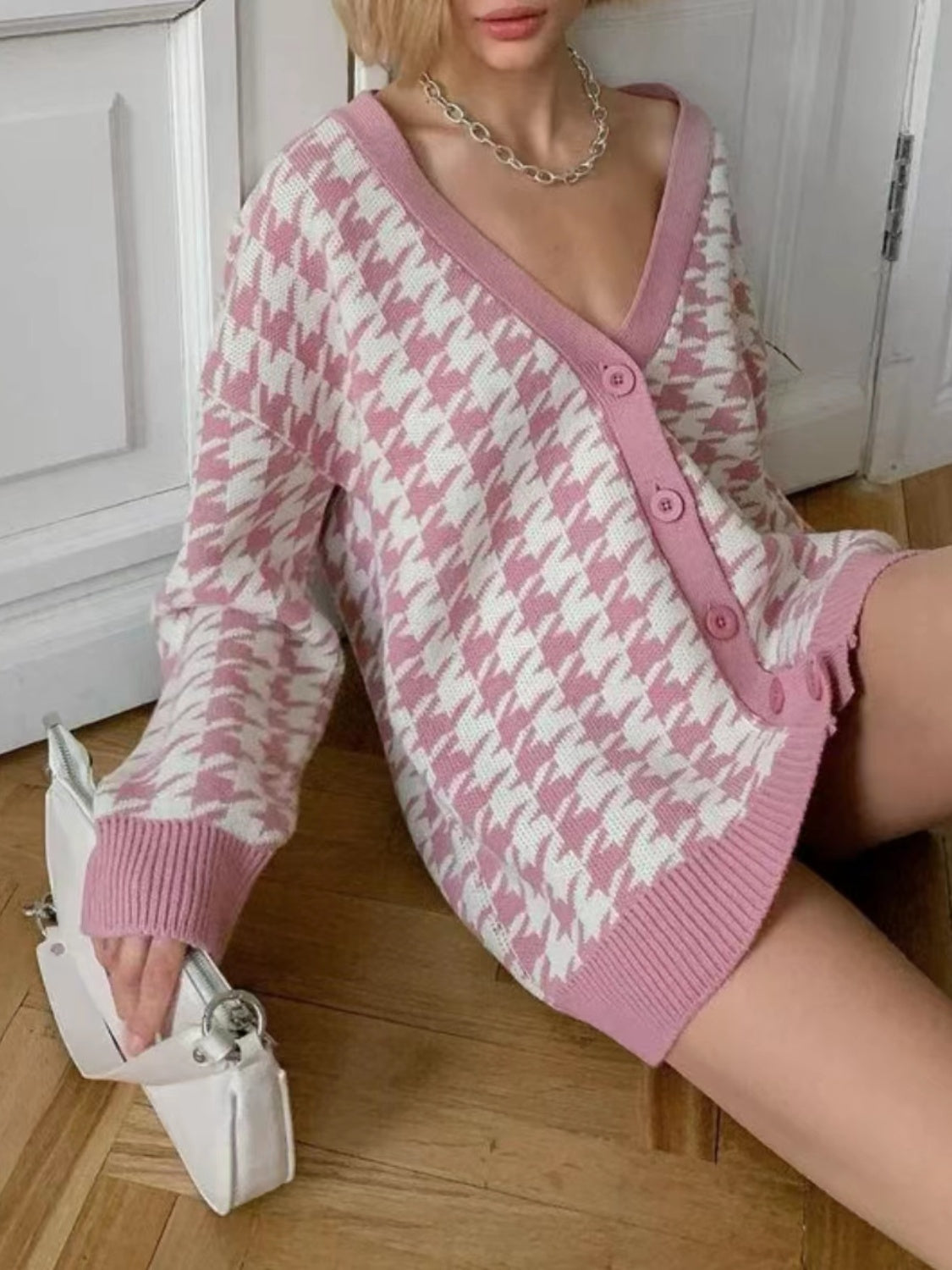 Houndstooth Button Front Long Sleeve Cardigan