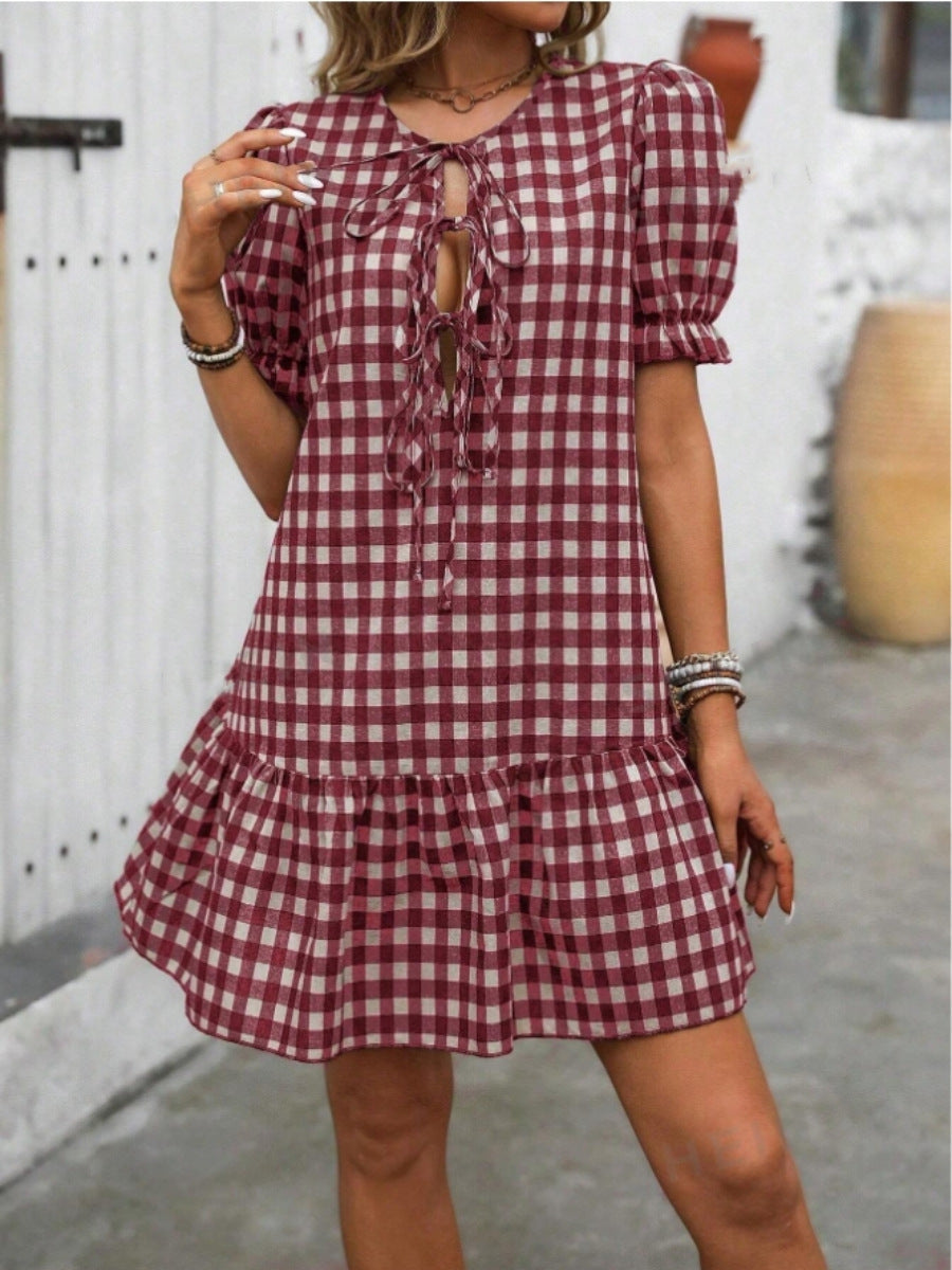 Plaid Drawstring Puff Sleeve Bohemian Dress