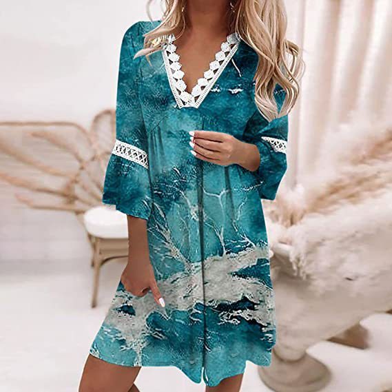 Women's V-neck Printed Lace Stitching Dress