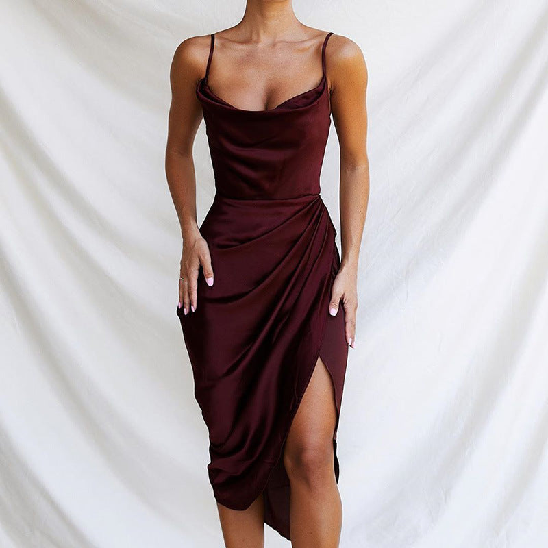 Sexy Slit Satin European And American Slim Sleeveless Split Skirt Dress