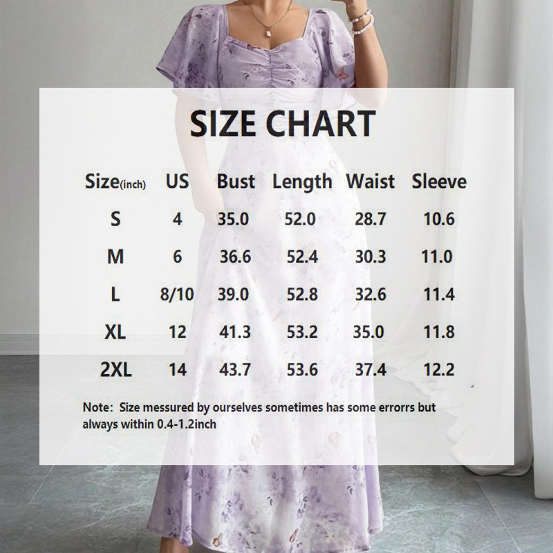 Women's Solid Color Square Neck Short Sleeve Butterfly Print Flowy Dress A-Line Summer Vacation Maxi Dress