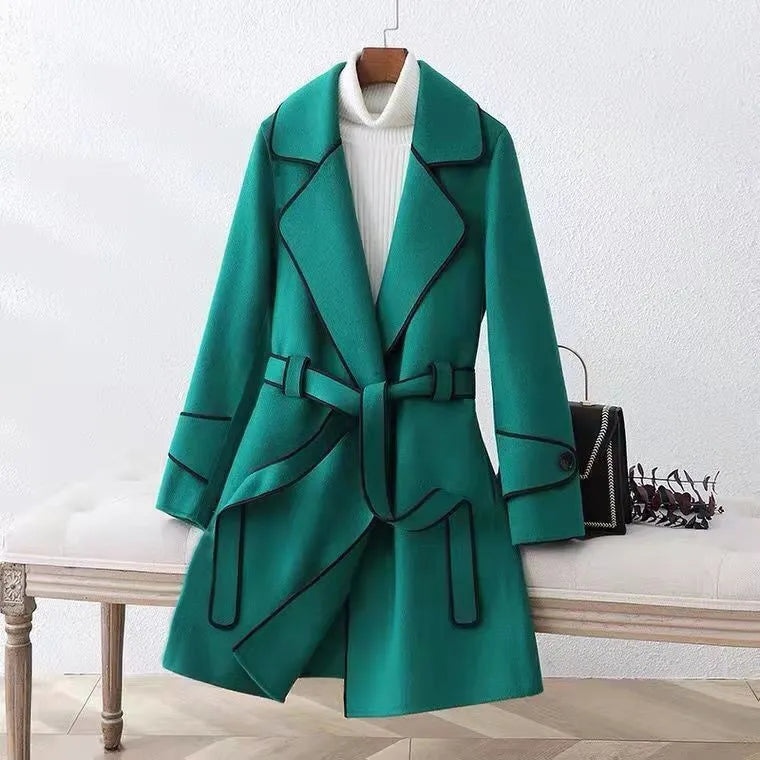 Western Style Contrast Color Mid-length Woolen Coat