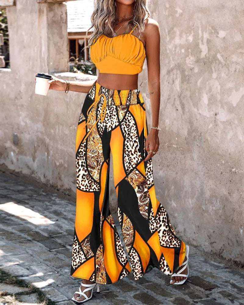 Summer New Commuter Two-piece Printed Lace-up Wide-leg Pants Suit
