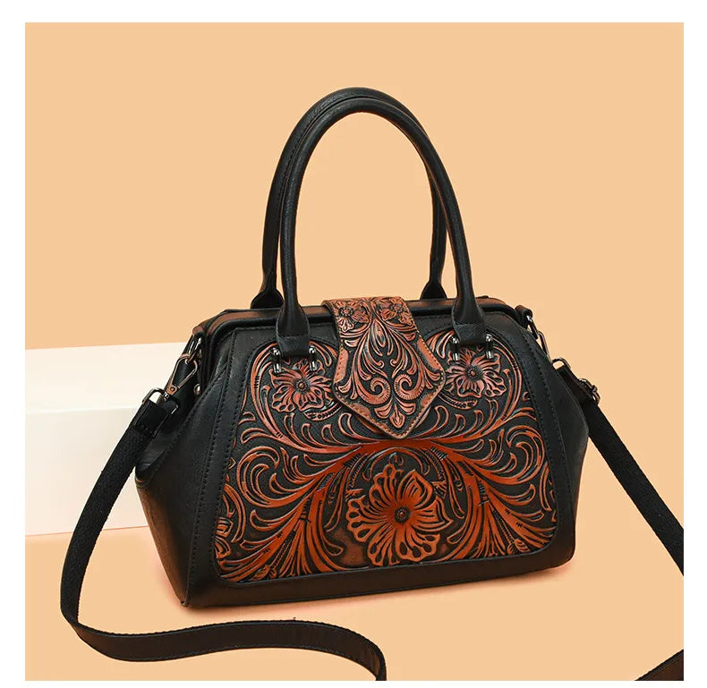 Handmade Carved One-shoulder Women's Leather Bag