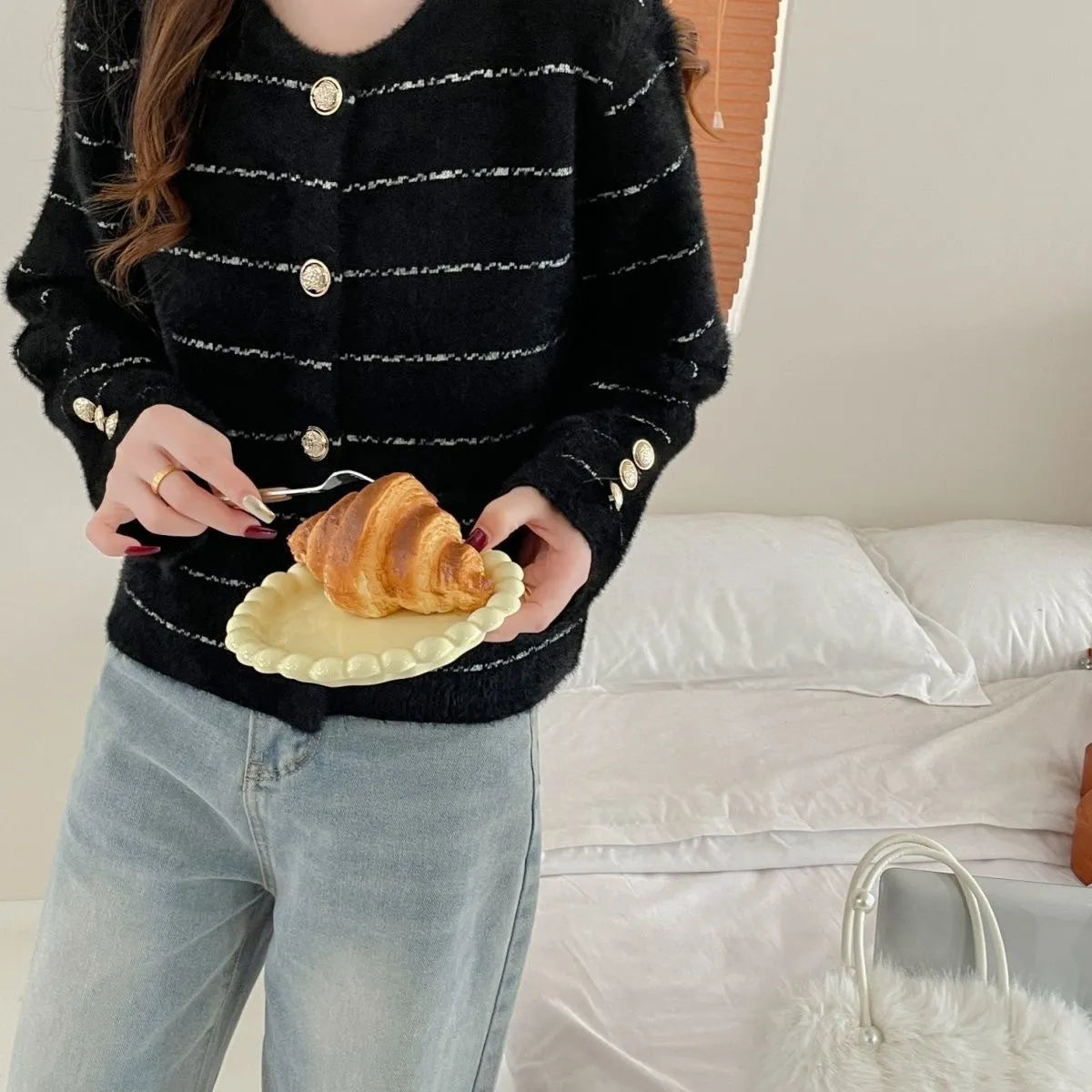 Striped Round Metal Button Faux Pocket Round Neck Sweater