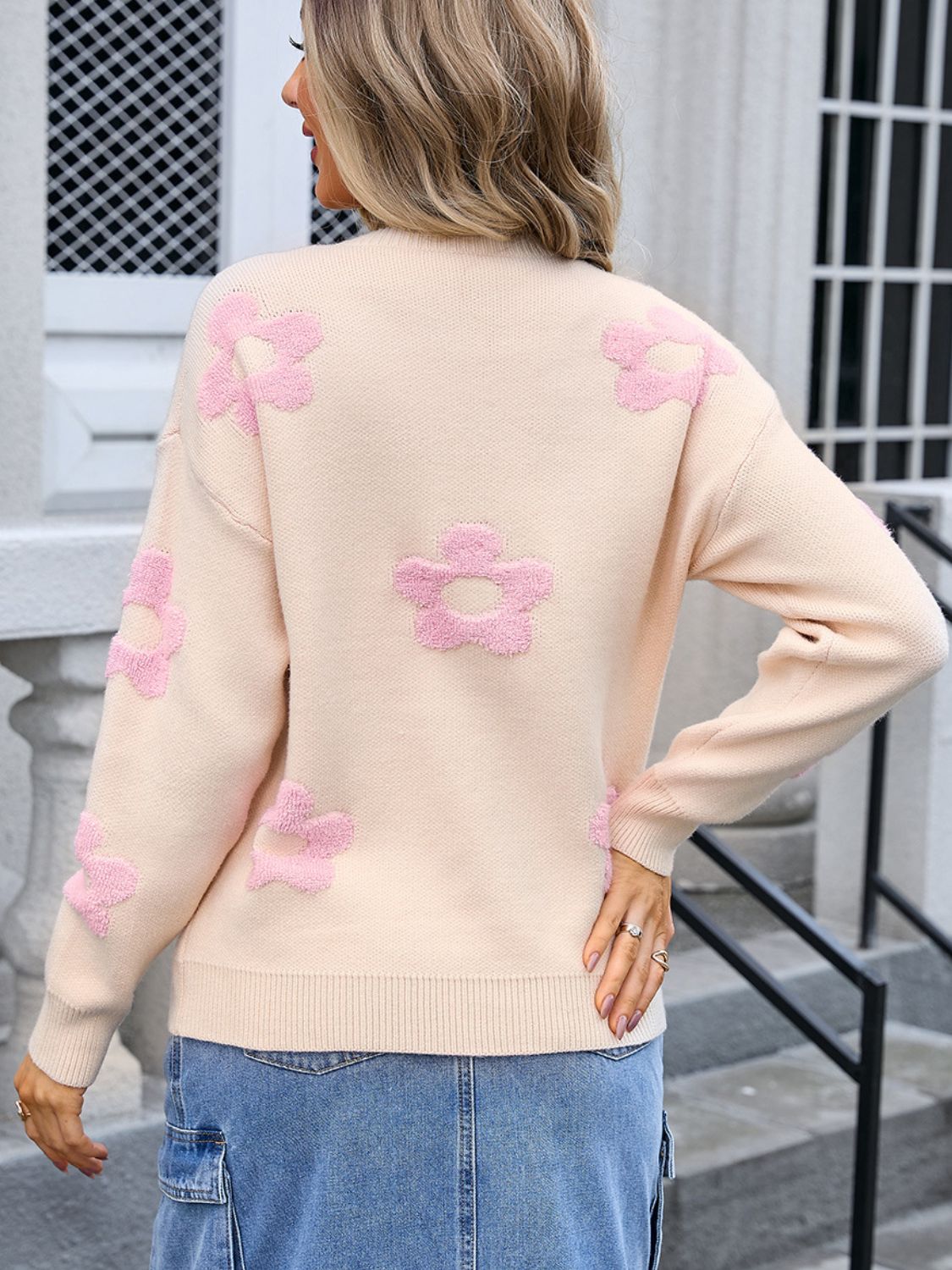 Angel Wings Flower Embroidered Round Neck Long Sleeve Sweater for Women