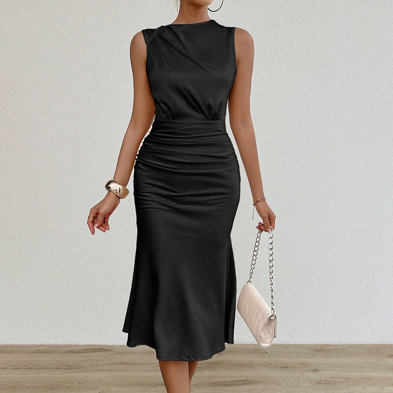 Women's Summer Sleeveless Tank Dress Crew Neck Slim Fit Ruched Bodycon Dress Casual Party Club Dress-FREE USA SHIPPING