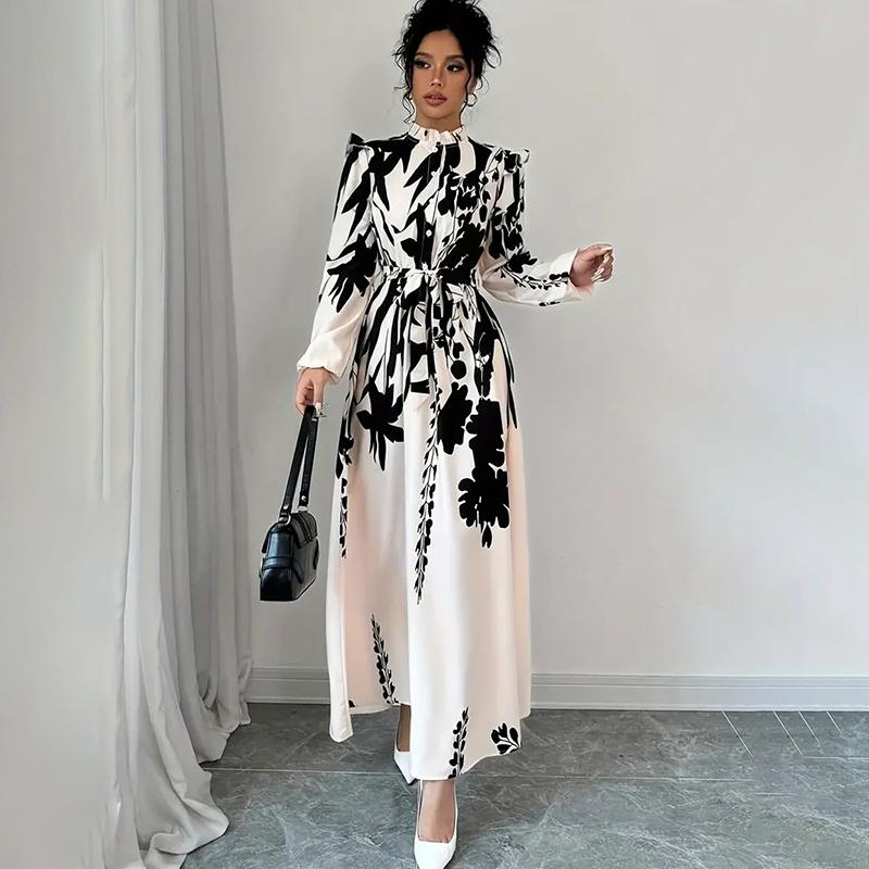 Women's Floral Print Long Sleeve Stand Collar A-Line Maxi Dress -  Free USA Shipping