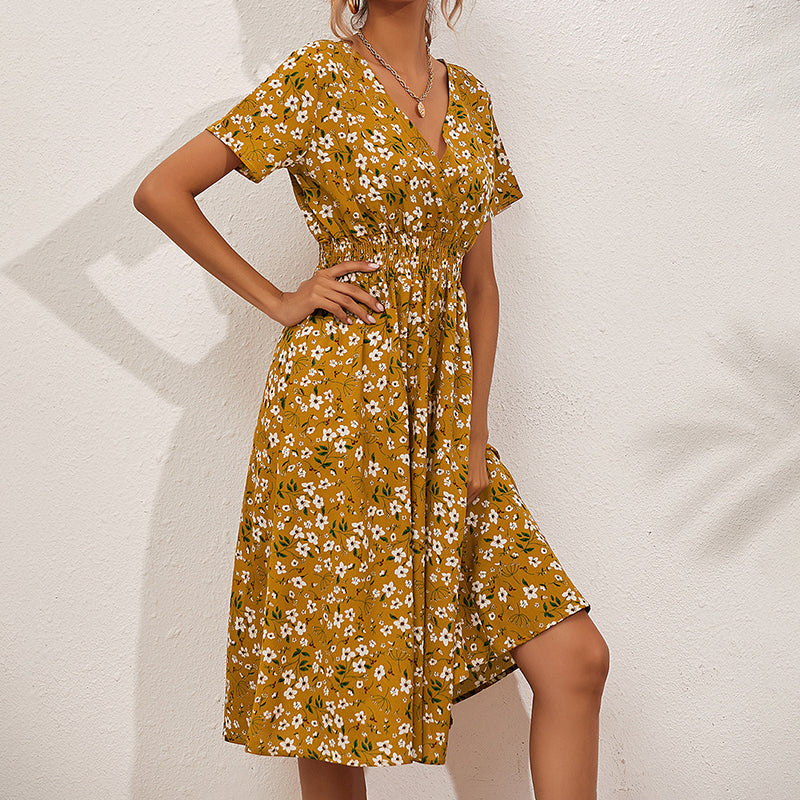 Women's V-Neck Floral Print Dress - A-Line Waisted Summer Maxi Dress - Free USA Shipping