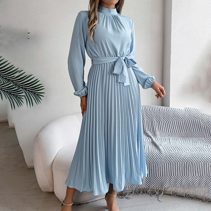 Elegant High Neck Long Sleeve Pleated Maxi Dress - Solid Color Flowy Dress For Women, Casual To Formal Wear-FREE USA SHIPPING