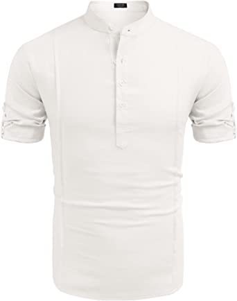 Henley Style Linen Shirt Men Casual Beach Shirt Short Sleeve T-Shirt Summer