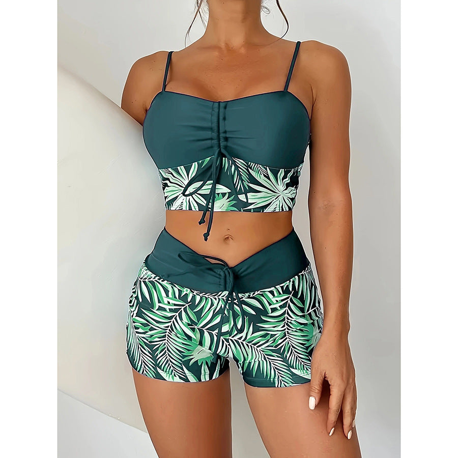 Women's Split High Waist Boxer Lace Printing Swimsuit