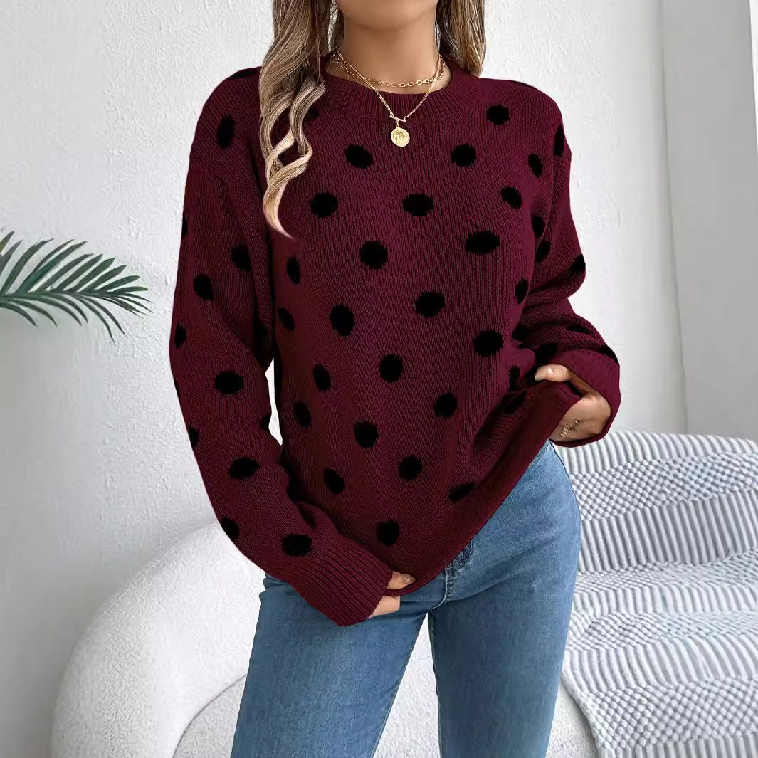 Autumn And Winter Leisure Contrast Color Polka Dot Long Sleeve Pullover