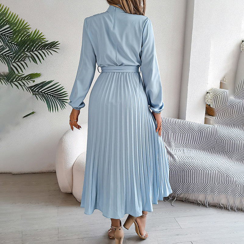 Elegant High Neck Long Sleeve Pleated Maxi Dress - Solid Color Flowy Dress For Women, Casual To Formal Wear-FREE USA SHIPPING