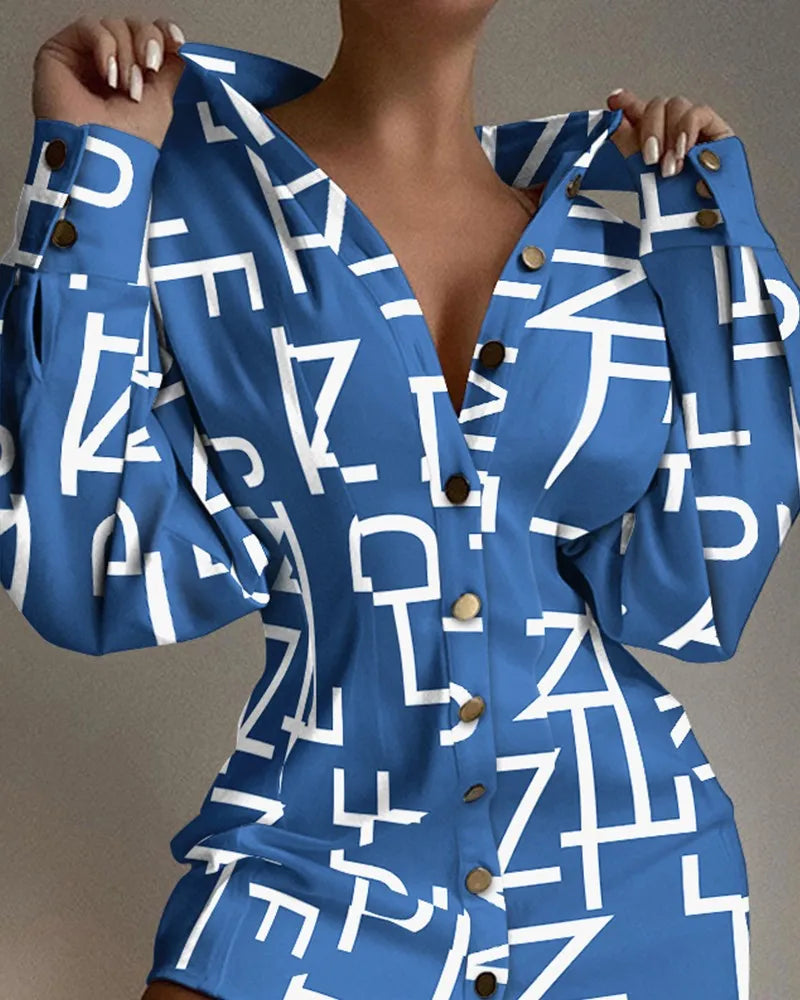 New Fashion Printed Waist-controlled Fastener Decoration Women's Shirt