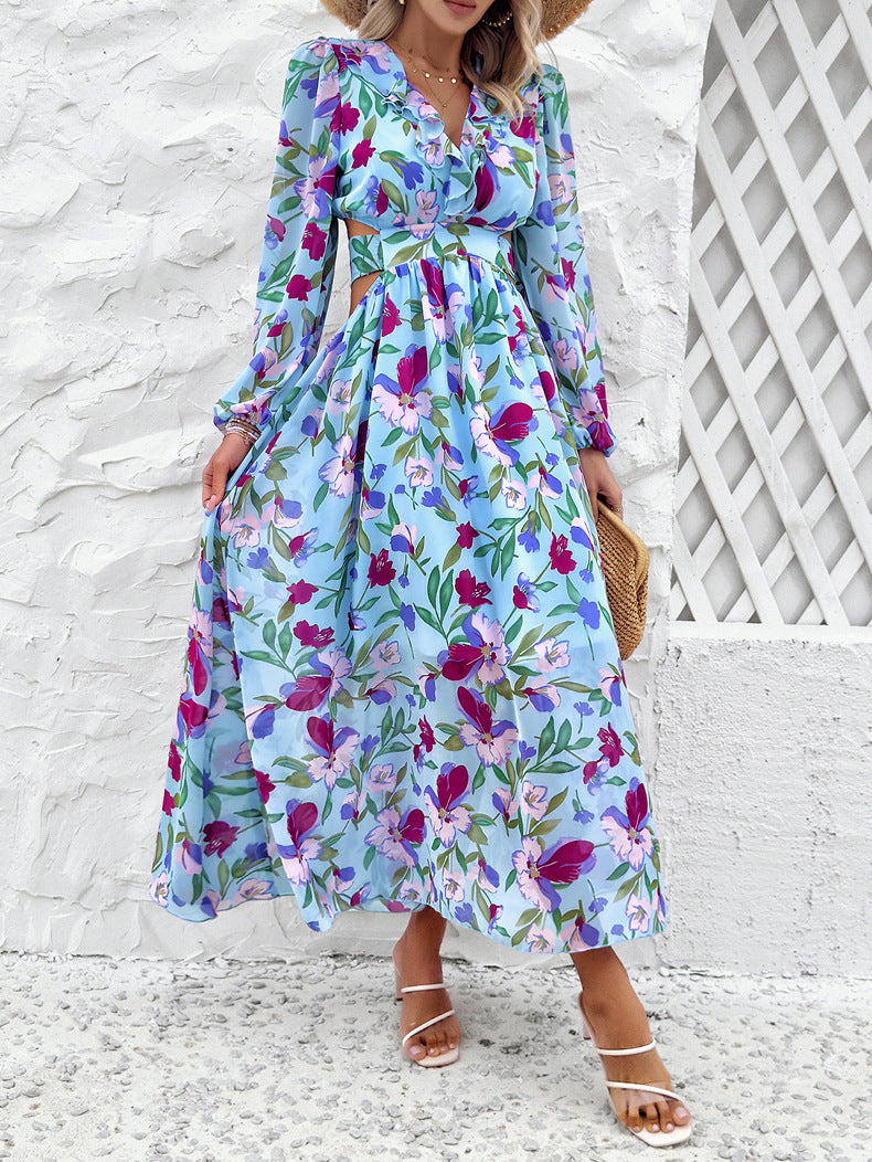 Fashion Florals Print Long Sleeve Dress Casual Holiday Tight-waisted V-neck Dresses Women Clothing