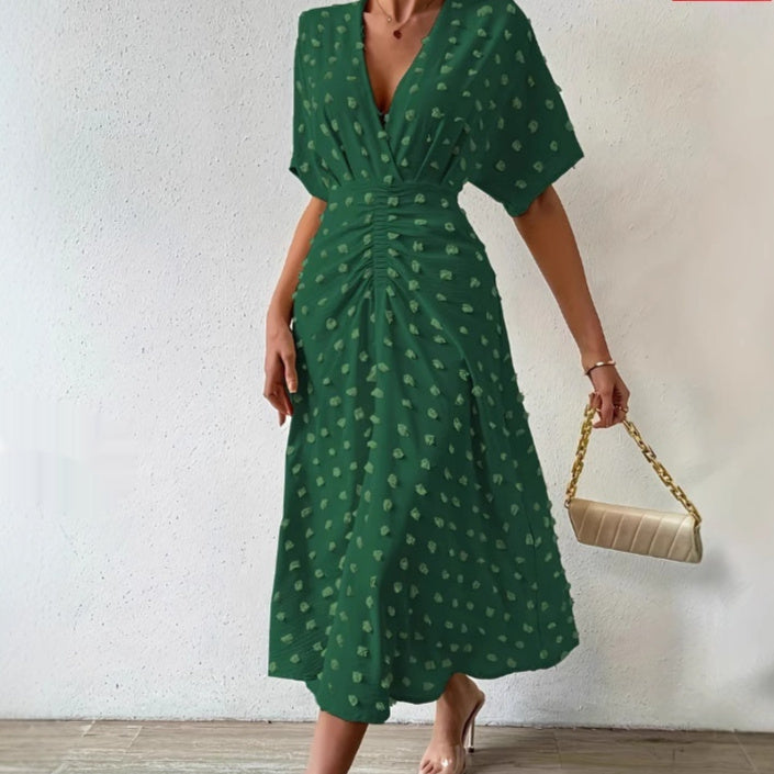 Summer New Fur Ball Ruffle Sleeve V-neck Waist Tied Dress