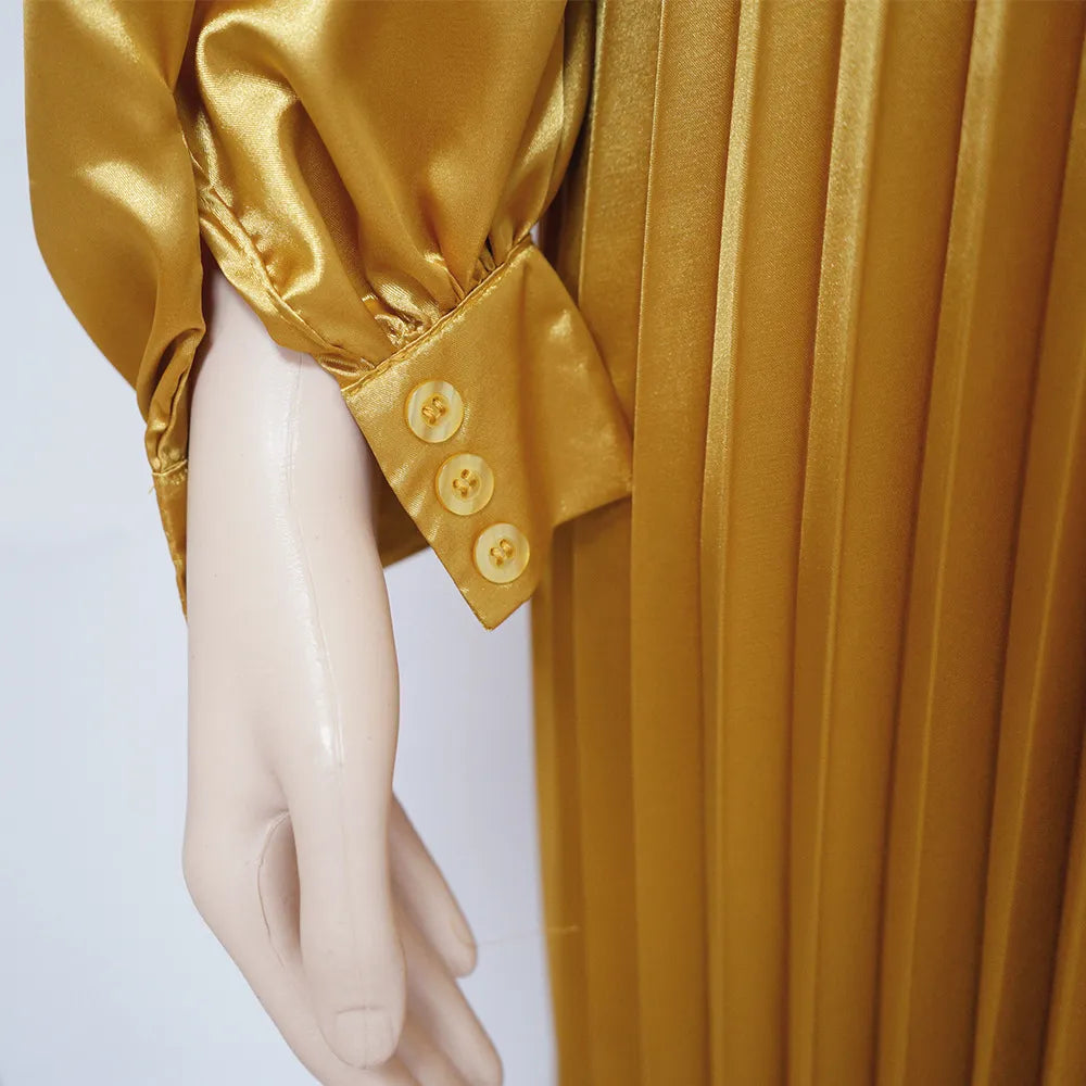 Pleated Round-neck Long Dress Women