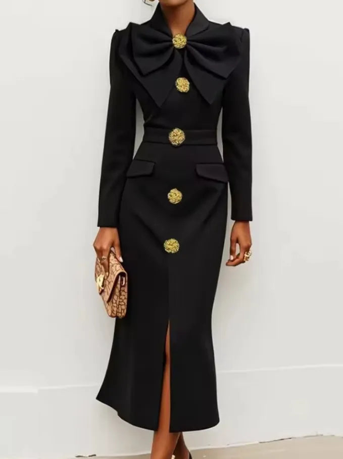 Big Bowknot Design Sense Socialite Half Turtleneck Waist Slit Dress
