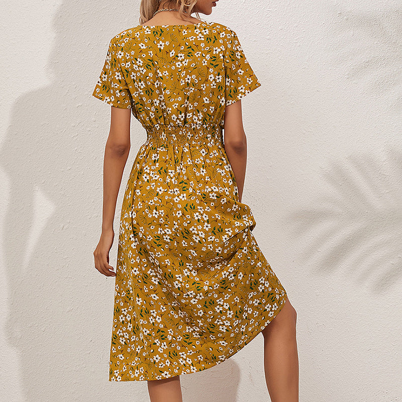 Women's V-Neck Floral Print Dress - A-Line Waisted Summer Maxi Dress - Free USA Shipping