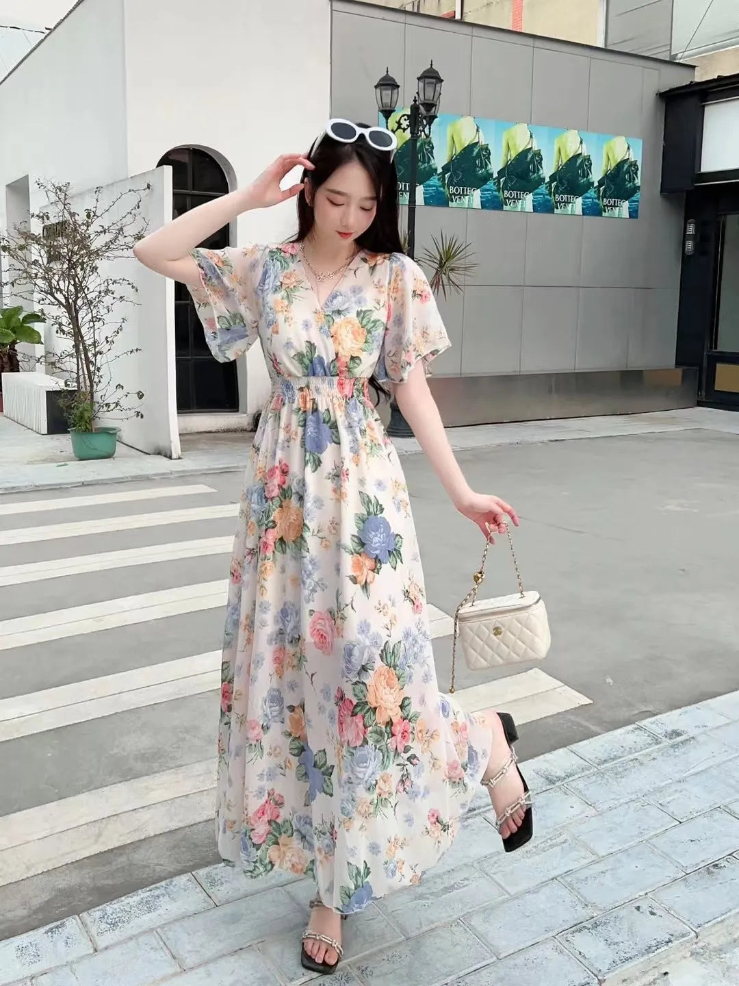 V-neck Mori Style Slim Fairy Floral Dress