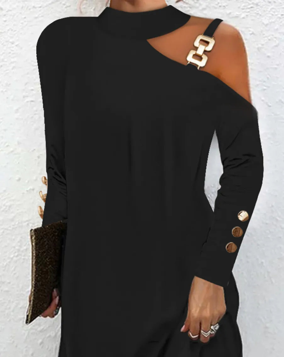 Stylish And Simple Personality Metal Buckle Halter Dress
