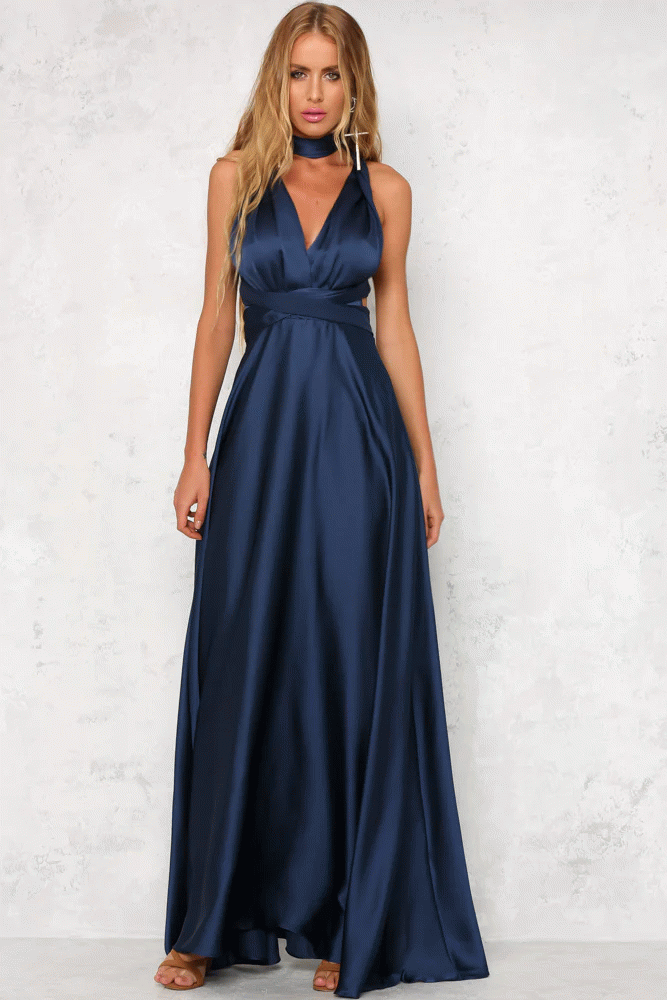 Deep V-neck Sleeveless Lace-up Sexy Backless High Waist Large Swing Satin Dress