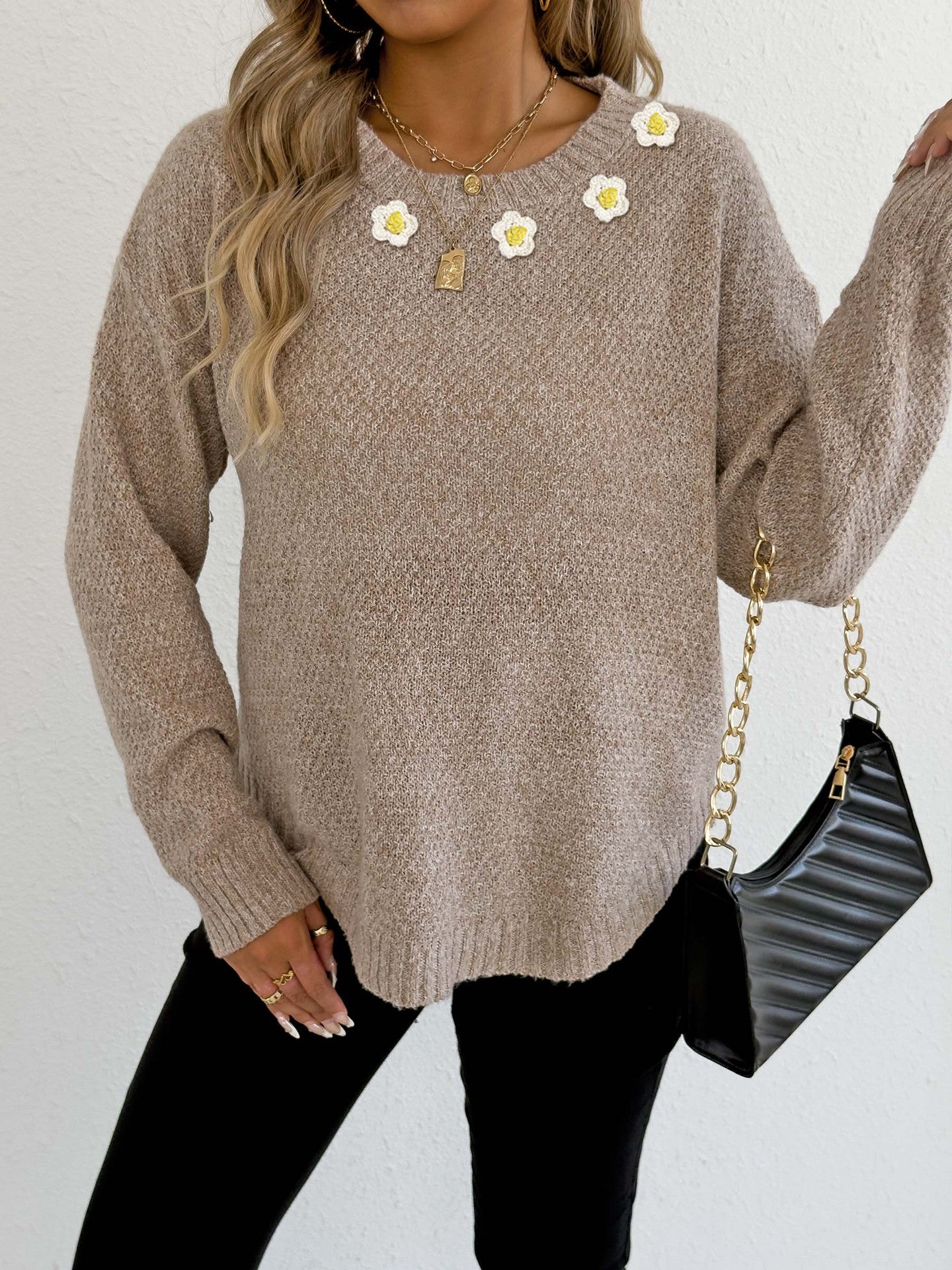 Women's Crochet Patchwork Round Neck Comfort And Casual Sweater