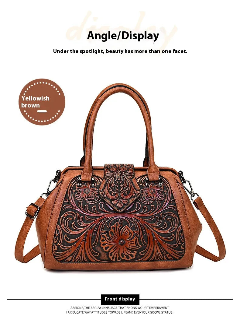 Handmade Carved One-shoulder Women's Leather Bag