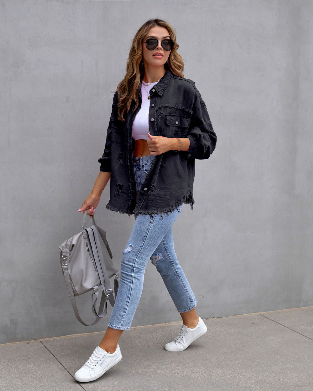 Fashion Ripped Shirt Jacket Female Autumn And Spring Casual Tops Womens Clothing