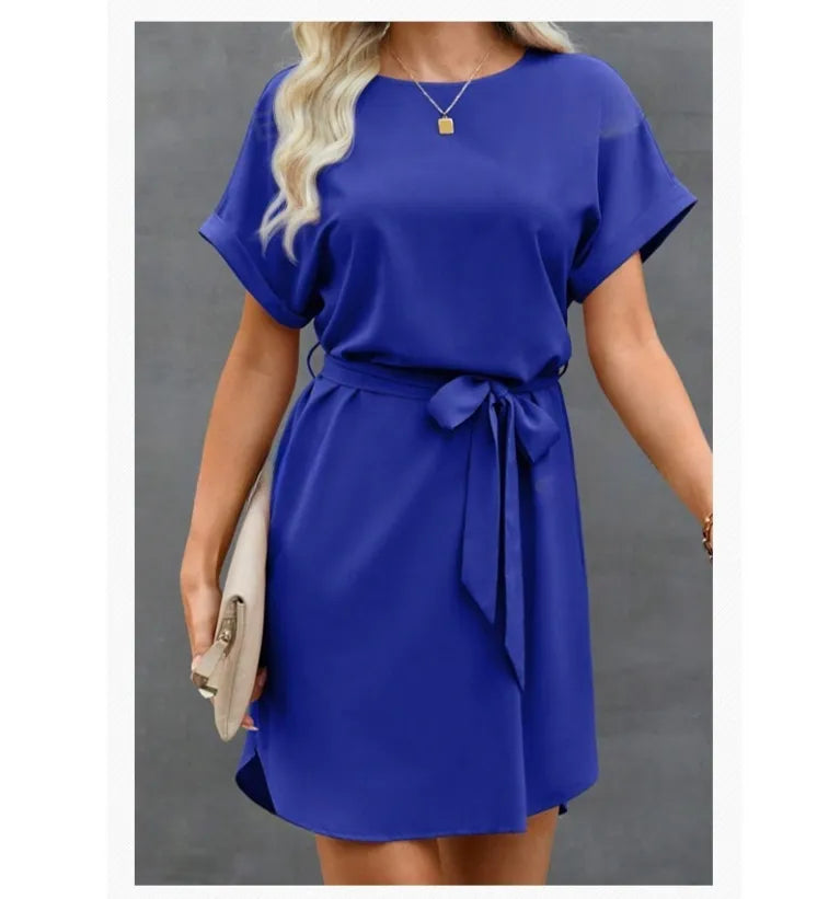 Lace-up Waist Short Sleeve Satin Dress