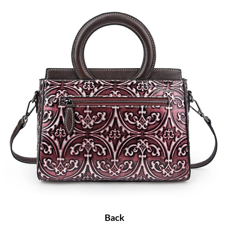 Retro First-Layer Cowhide Embossed Handbag Shoulder Crossbody Bag