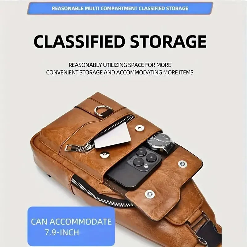 Premium PU Leather Vintage Chest Bag – Spacious Waterproof Crossbody with Multi-Compartment Design for Men-FREE USA SHIPPING
