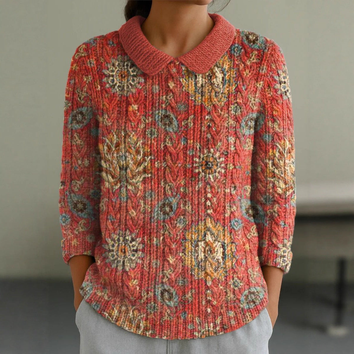 Autumn And Winter New Women's Doll Collar Knitted Jacquard Fabric French Retro Printed Top