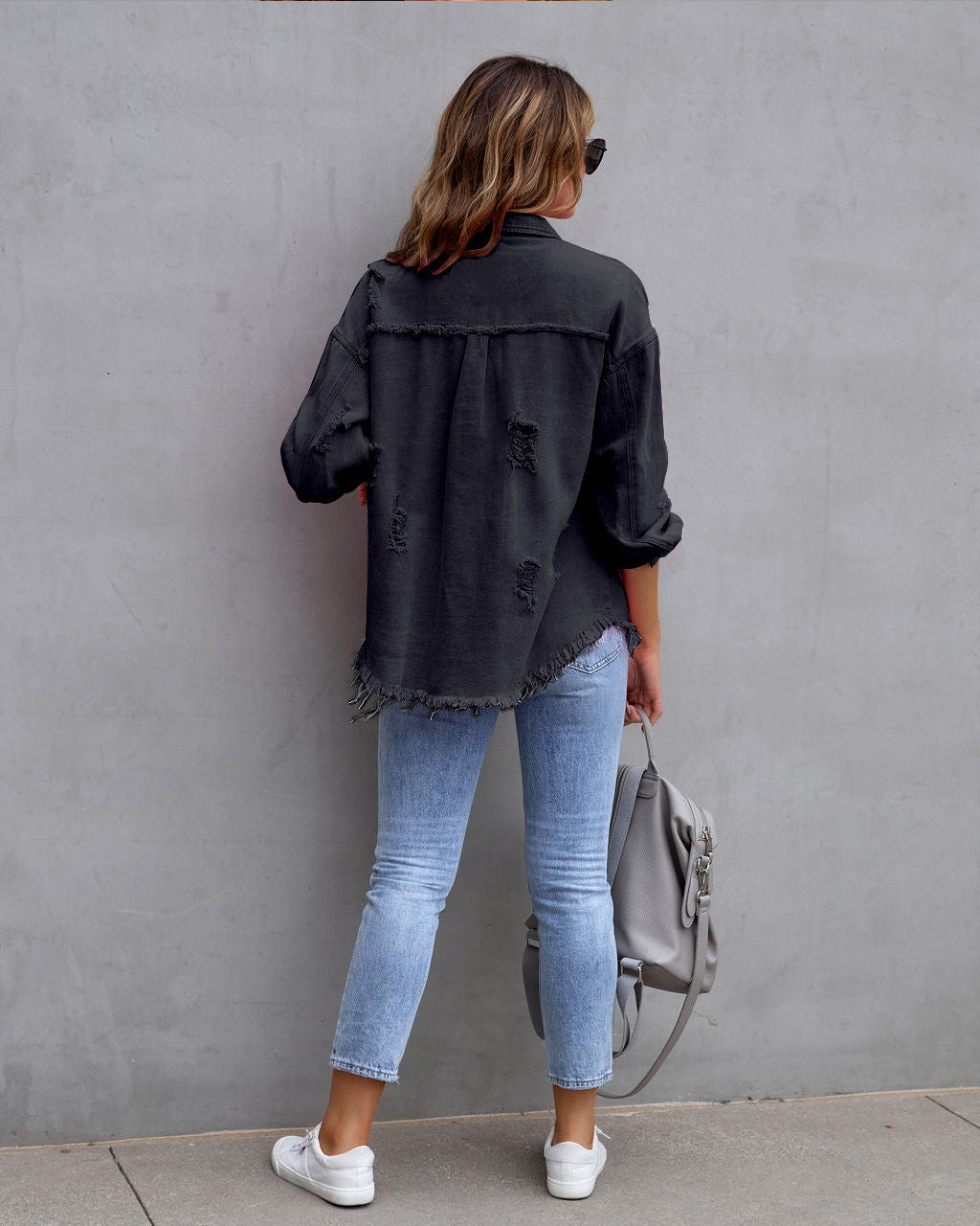 Fashion Ripped Shirt Jacket Female Autumn And Spring Casual Tops Womens Clothing