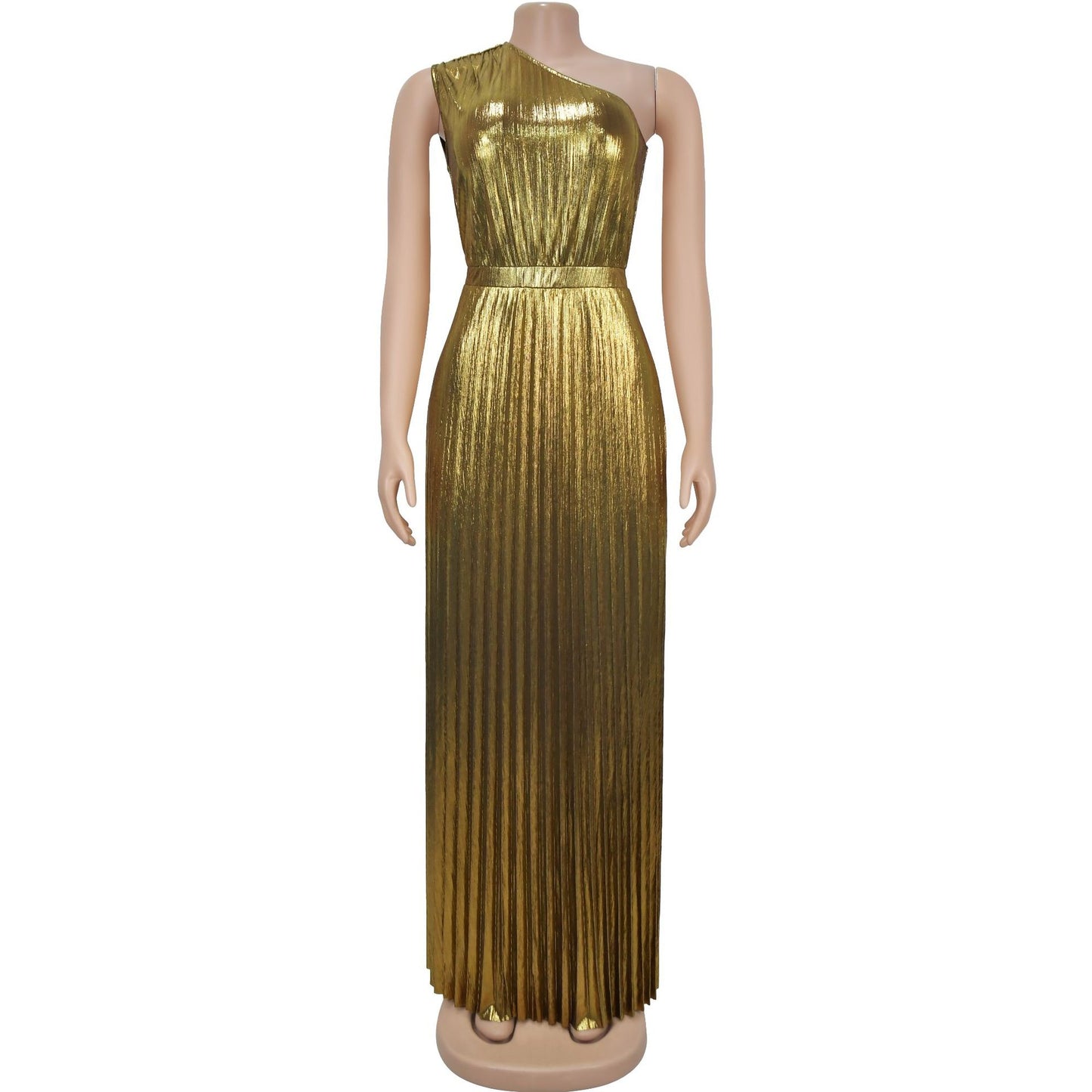 European And American Fashion Elegant Bronzing Oblique Shoulder Sleeveless Solid Color Dress
