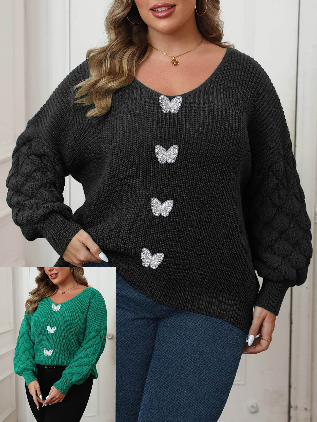 Plus Size Women's Pineapple Sleeve Stitching Deep V Woven Lace Butterfly Sweater