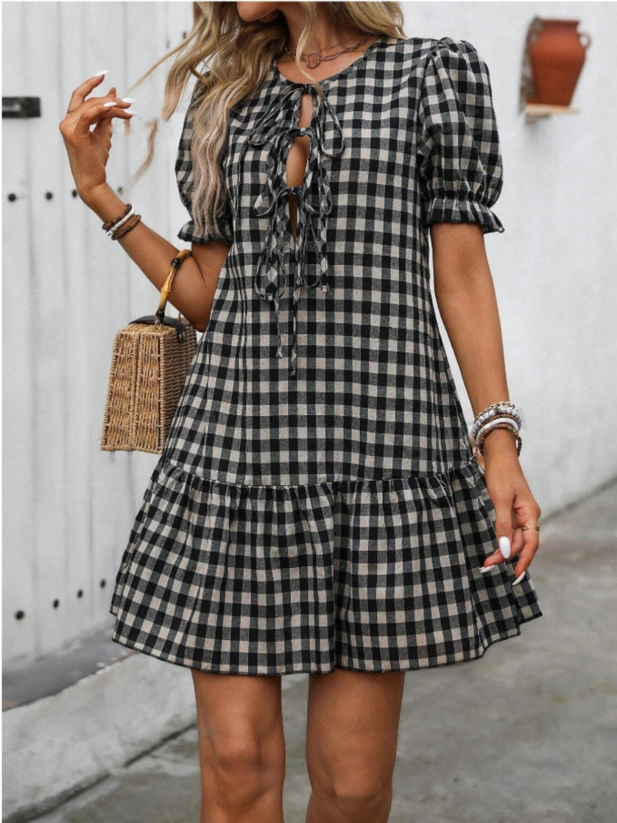 Plaid Drawstring Puff Sleeve Bohemian Dress