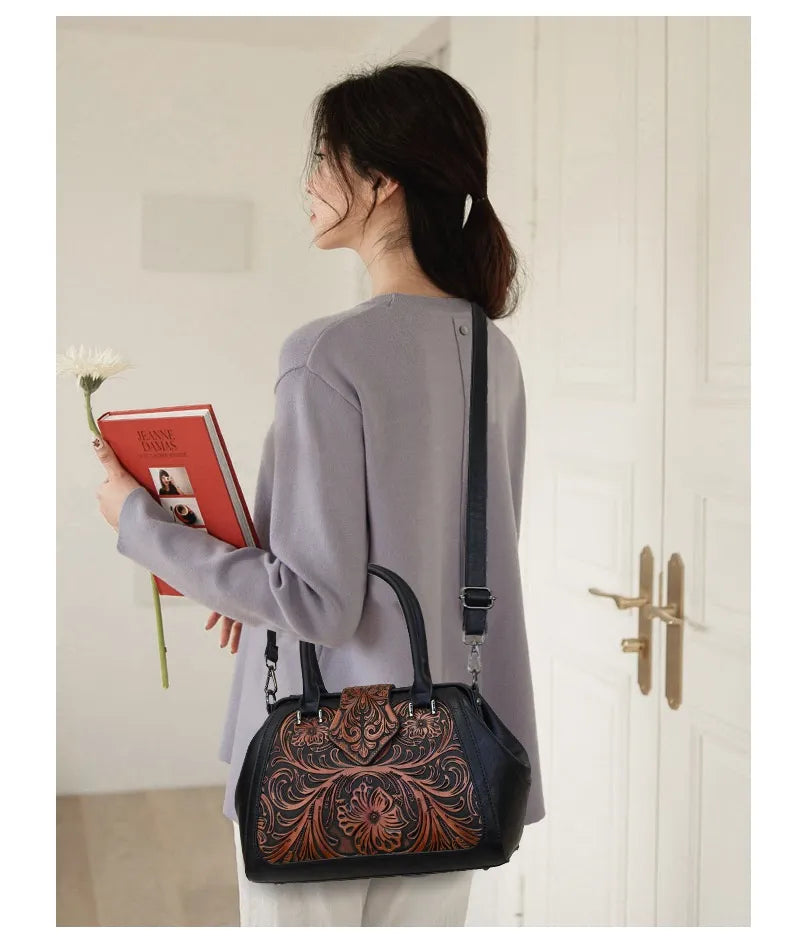 Handmade Carved One-shoulder Women's Leather Bag