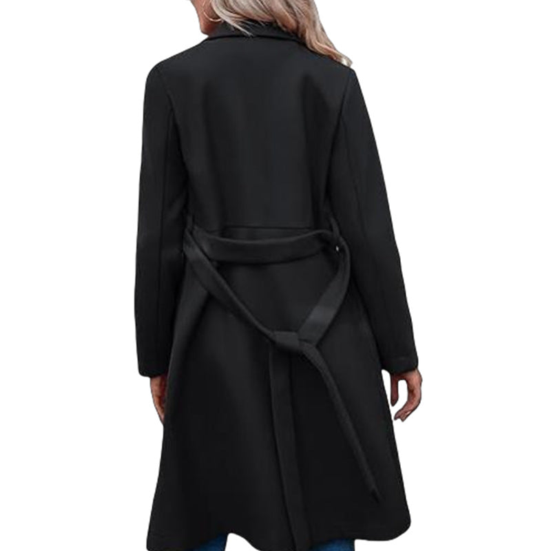 Long Woolen Women's Waist-controlled Lace-up Double Breasted Coat